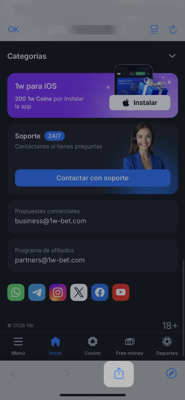 Desde Safari presiona Compartir para añadir 1win.