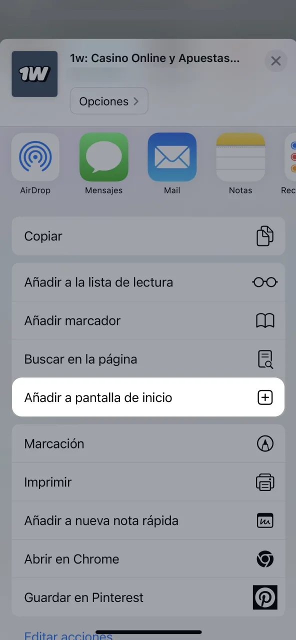 Pantalla principal muestra ícono 1win tras añadir acceso.